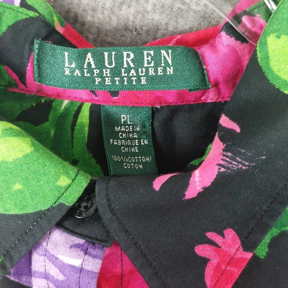 LAUREN RALPH LAUREN WOMENS BLACK MULTICOLORED FLORAL BUTTON FRONT SHIRT SIZE PL - Picture 5 of 6